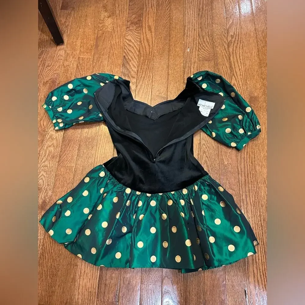RARE Vintage My Michelle 80s Party Dress Girls 7 Gold Green Black Polka Dots